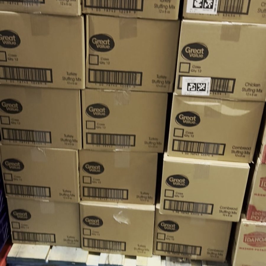The gym floor turned into a food pantry